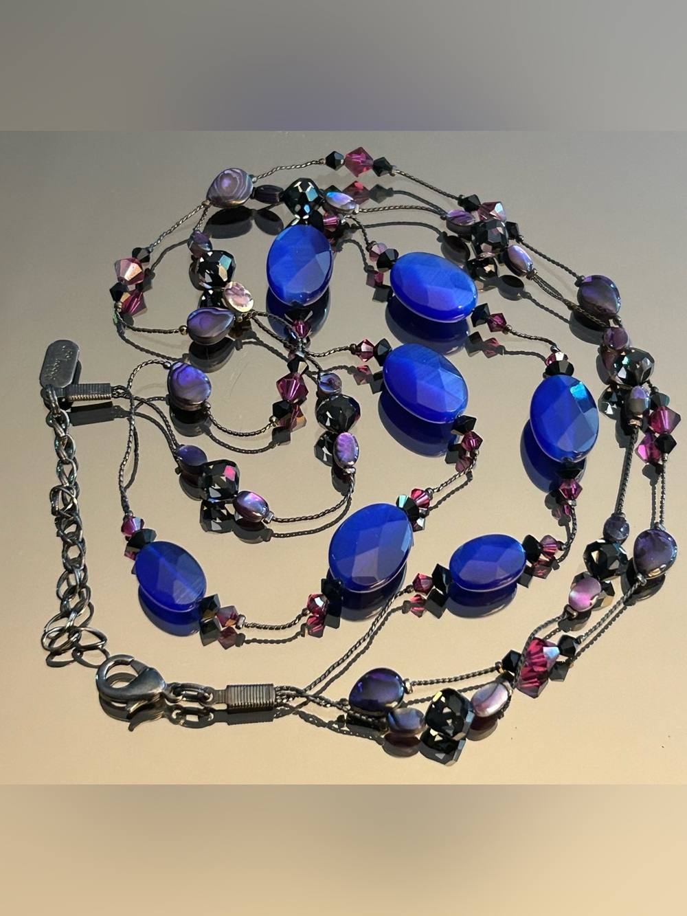 DABBY REID Signed, Triple Strand, Faceted Bead & Crystal Choker Necklace